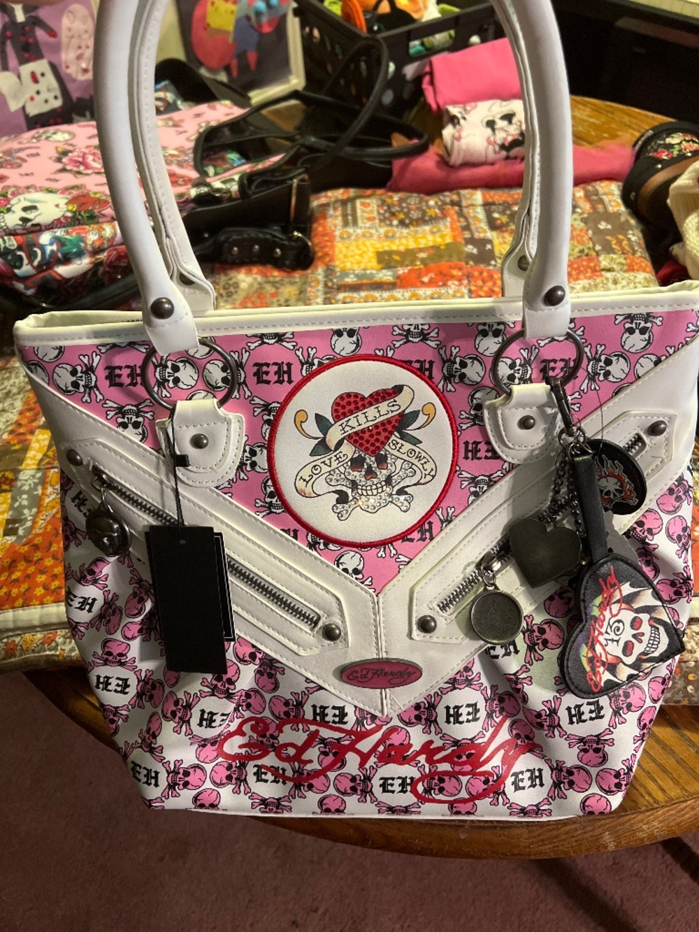 Large Pink and White Ed Hardy tote
